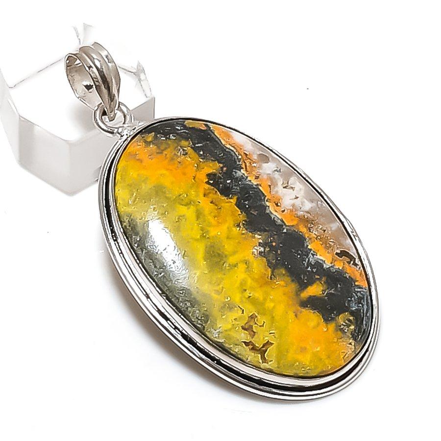 Bumble Bee Jasper Gemstone Handmade 925 Sterling Silver Pendant 2.40" H0z20