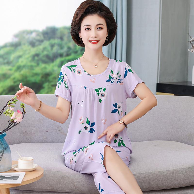 Женский летний хлопковый пижамный комплект больших размеров для женщин среднего и пожилого возраста - Домашняя одежда с короткими рукавами, подходящая для ношения на улице