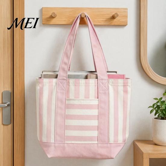 Tote Bag Striped Canvas Bag, Stylish Reusable Grocery with Reinforced Shoulder Strap Front Pocket, for Shopping Picnic Commuting Durable