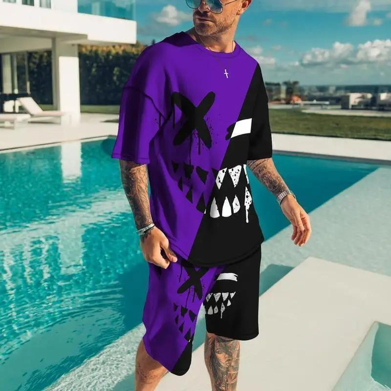 Summer Demon OX Smiling Face Pattern Men's Shorts Sets Casual Street T Shirts+Shorts 2PCS Outfits 3D Print O-Neck Tracksuit Suit