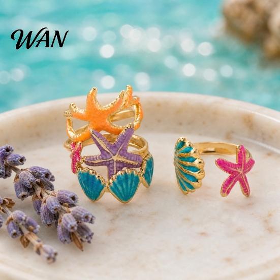 Layered Ring Set 4Pcs/Set Ocean Series Set, Multiple Styles Starfish Shell Design Versatile Finger Ring, Alloy Adjustable Stacking Rings for