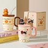 Summer New Straw Cup Doodle Animal Ceramic Water Cup with Lid Cartoon Mug Cute Birthday Gift