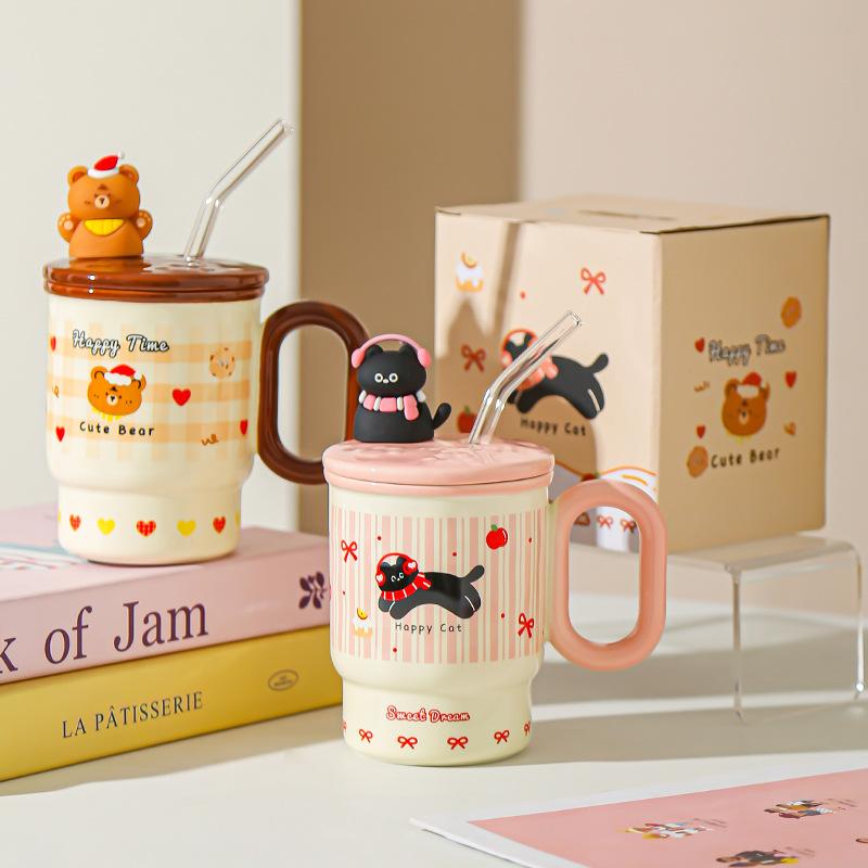 Summer New Straw Cup Doodle Animal Ceramic Water Cup with Lid Cartoon Mug Cute Birthday Gift