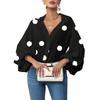 Women's  Casual French Polka Dot Half Open Neck Loose Bubble Long Sleeve Top