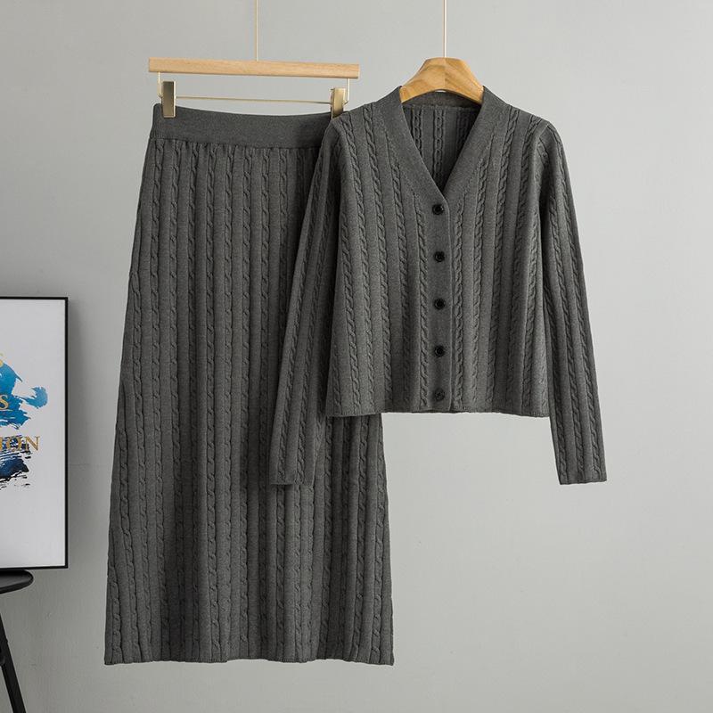 Женский осенне-зимний вязаный комплект: кардиган и юбка: Облегающий, Обтягивающий бедра, Модный комплект из двух предметов.