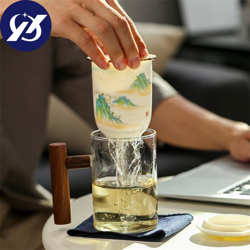 Креативная стеклянная чашка для разделения чая, керамическая чашка с фильтром, крышкой и деревянной ручкой, большая емкость, офисная кофейная кружка, посуда для напитков