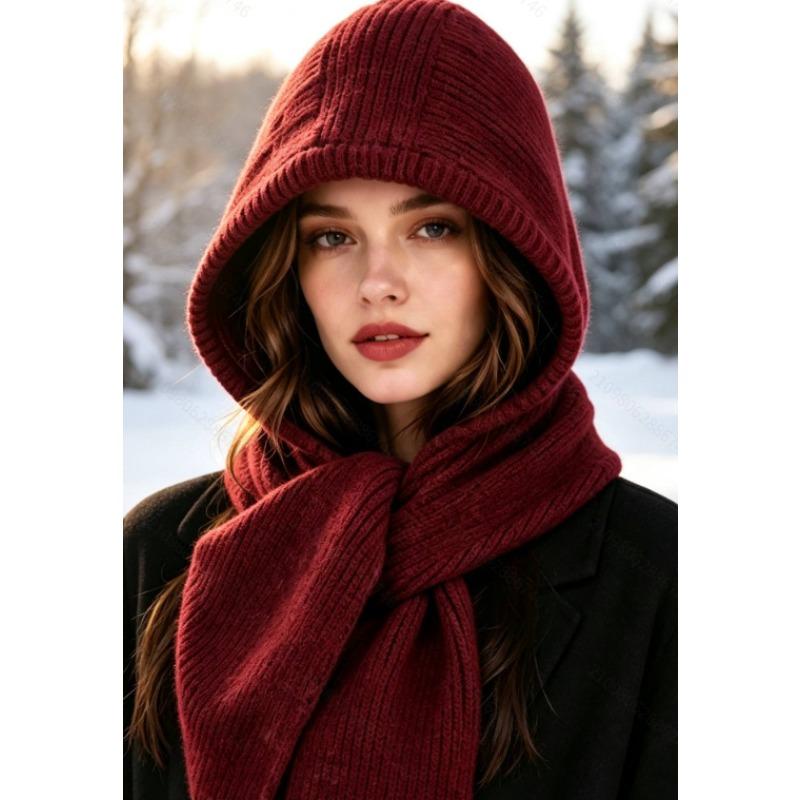 Meier Knitted hooded, scarf integrated hat, autumn and winter warm ear protection pullover hat, unisex thickened