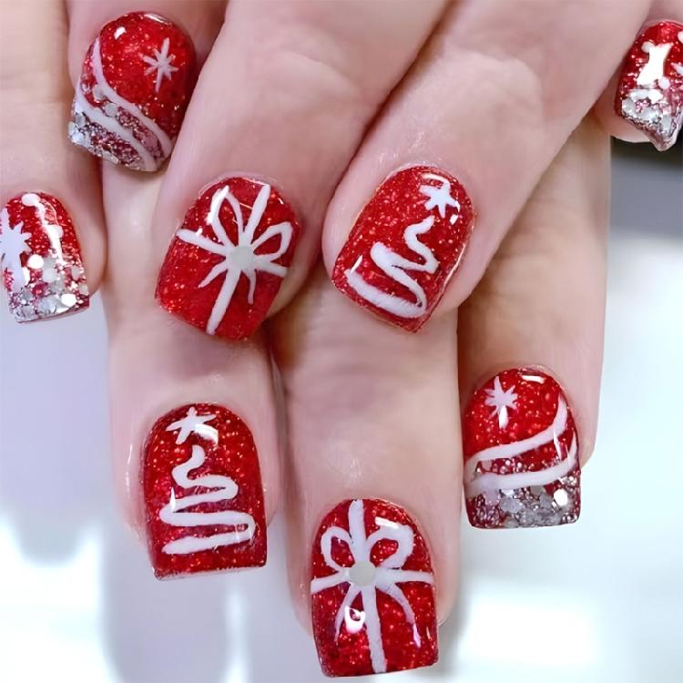 Элегантные блестящие рождественские накладные ногти Акриловые Full Cover Press on Nails для женщин Маникюр Дизайн ногтей 24 шт.
