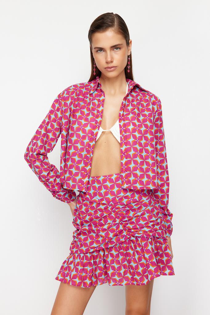 Women's Bottom-Top Set Fashion New Season Geometric Patterned Woven Ruffle 100% Cotton Shirt Skirt Set