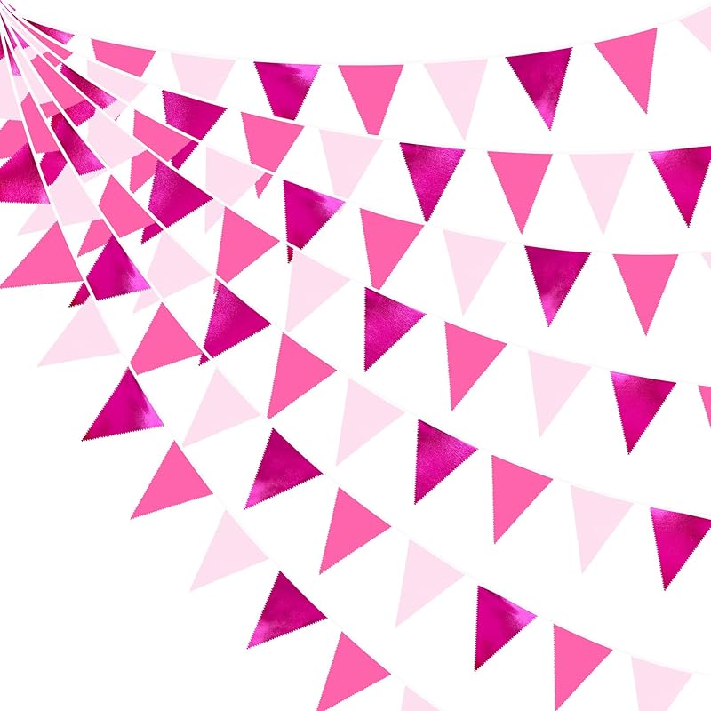 32Ft Rose Hot Pink Pennant Banner Fabric Triangle Flag Cotton Bunting Garland Kit for Wedding Birthday Baby Shower Anniversary Party Home Nursery