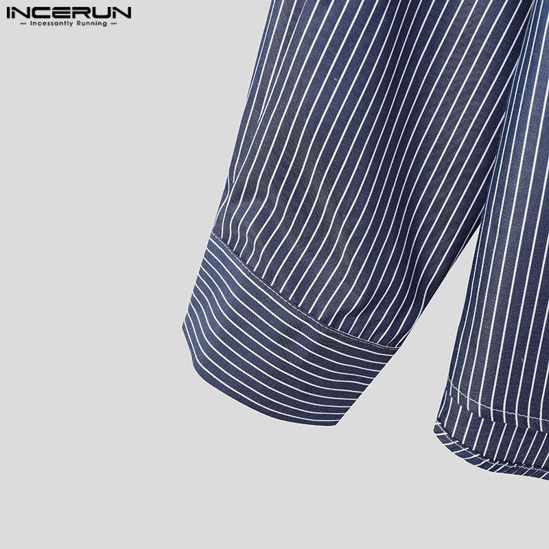 INCERUN Spring Summer Men Lapel Long Sleeve Striped Print Shirts Oversized Tops