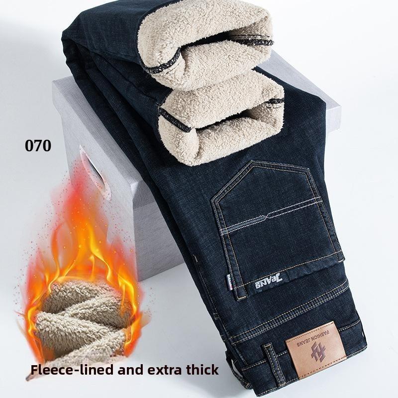 Зимние прямые джинсы из овечьего пуха, мужские утолщенные джинсы большого размера 40, с высокой талией, эластичные, с флисовой подкладкой, теплые, облегающие