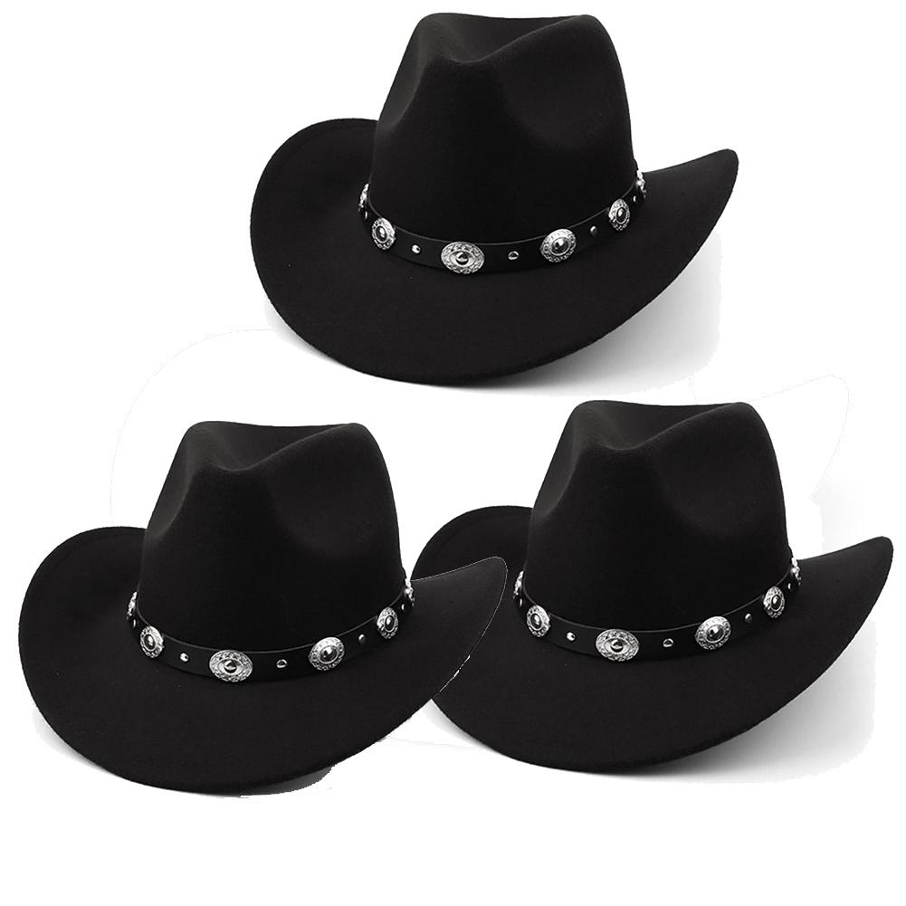 Womens Felt Western Cowboy Hats Studded Pinched Western Cowgirl Hats Wide Brim Retro Fedoras Hat Belt Buckle Vacation Party Hat