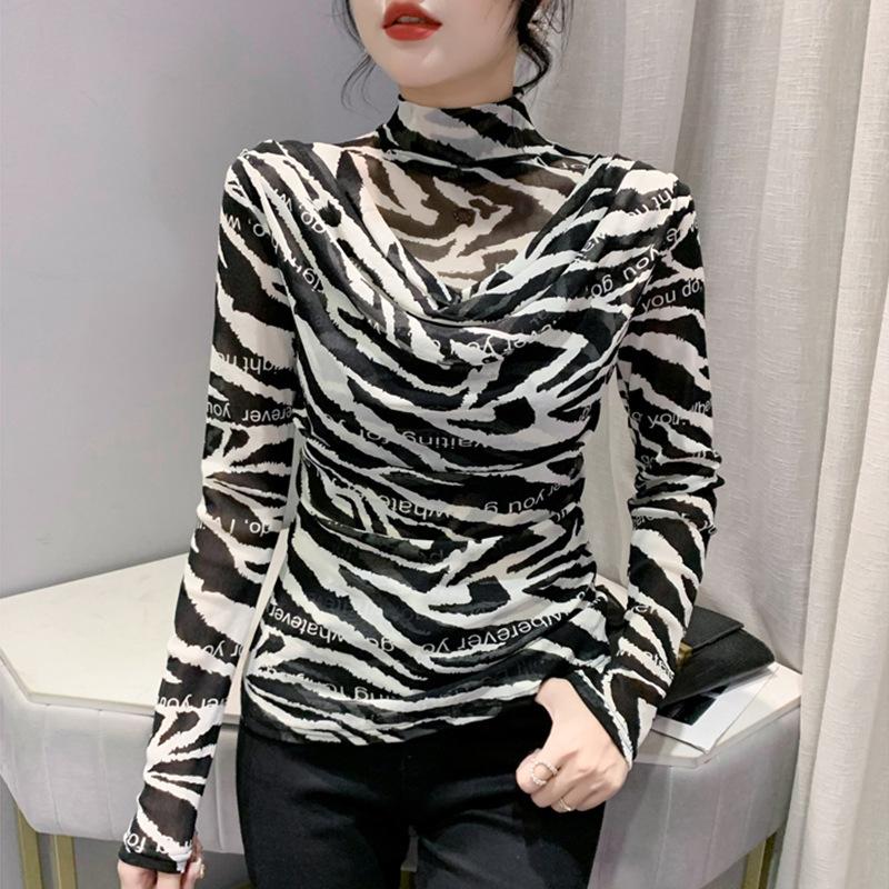 Футболка-борцовка с полуворотником для женщин, нижнее белье, осенняя сетчатая облегающая футболка с длинными рукавами и принтом животных