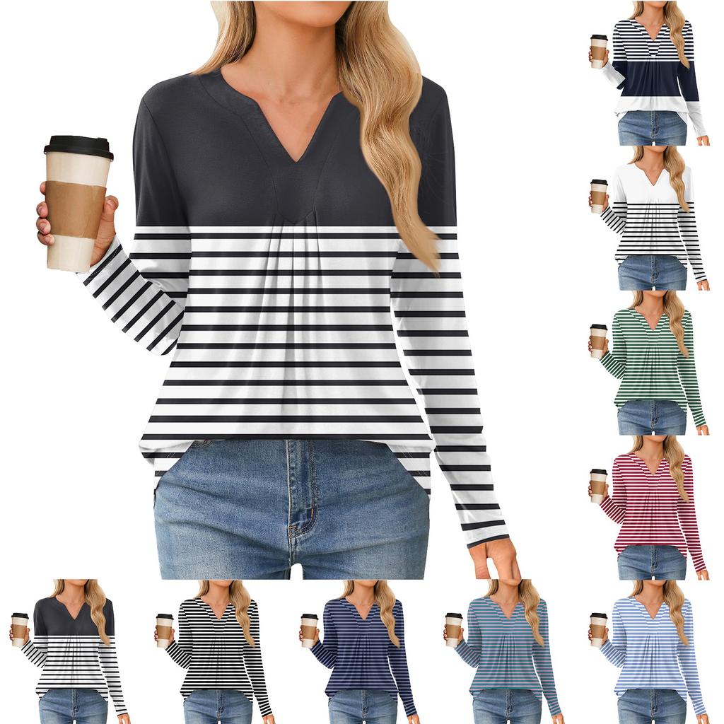 Women's Fashion Casual Long Sleeve Shirt Color Stripes Printed V Neck Up Tops