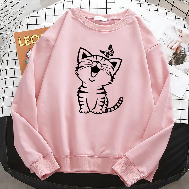 Graphic Cute Cat with Butterfly Print Retro Cat Womens Hoodies Warm Fleece Sweatshirt Soft O-Neck Pullover Casual Female Clothes