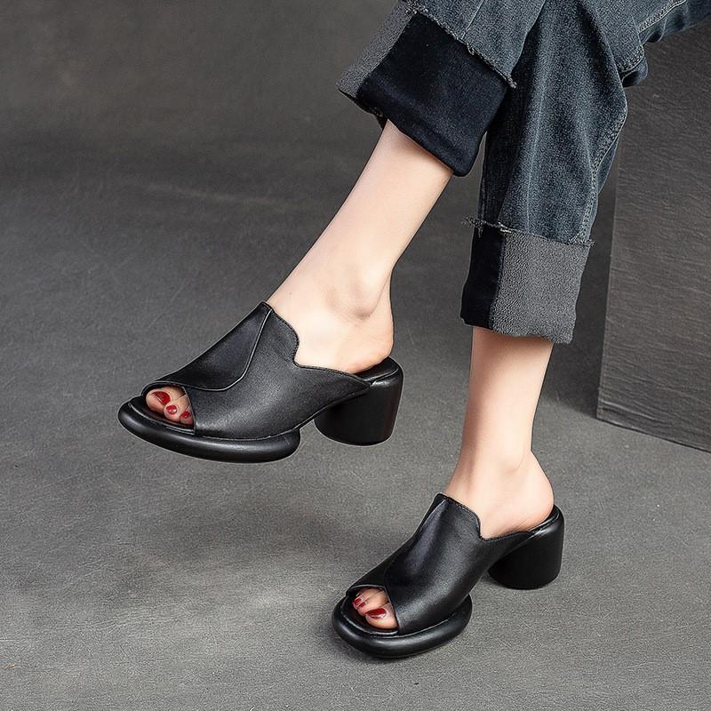 Johnature Тапочки с открытым носком, однотонная винтажная удобная женская обувь на высоком каблуке из натуральной кожи, простая женская обувь