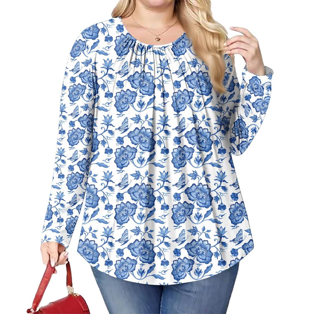 Women's Plus Size Fashion Printed Casual Pleated Round Neck Long Sleeve Top