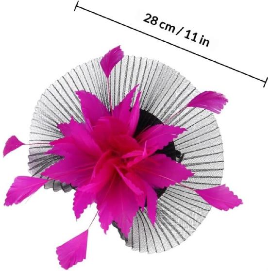 Yardwe Bridal Mesh Veil Headband with Plume, Black and Fuchsia Wedding Tops Hat for Women, Tea Party and Horse Racing Special Occasion Accessory