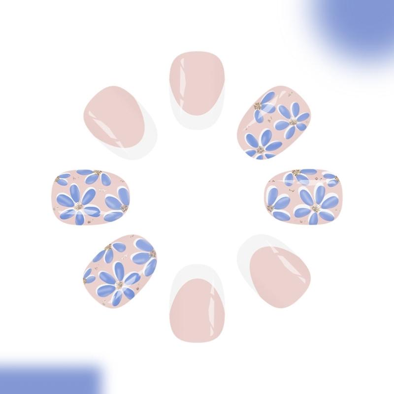 Pack Of 24 Fake Nail White French Blue Floral Glossy Short Oval Shape Press On Nail With Shimmering Finish ABS Build