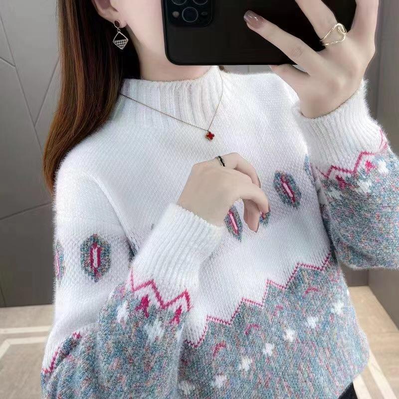 Autumn and Winter New Imitation Mink Velvet Color Matching Chenille Semi-turtleneck Sweater Women's Knitted Sweater with Loose Top