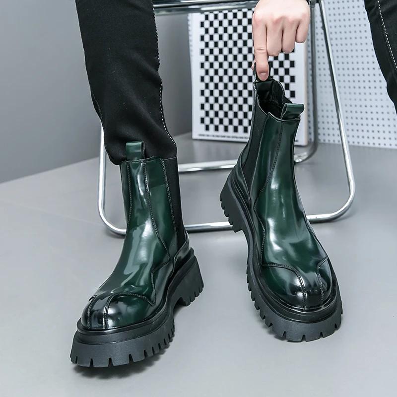 New Chelsea Boots for Men Green Black Patent Leather Round Toe Slip-On Shoes for Men with Size 38-44 Ankle Boots