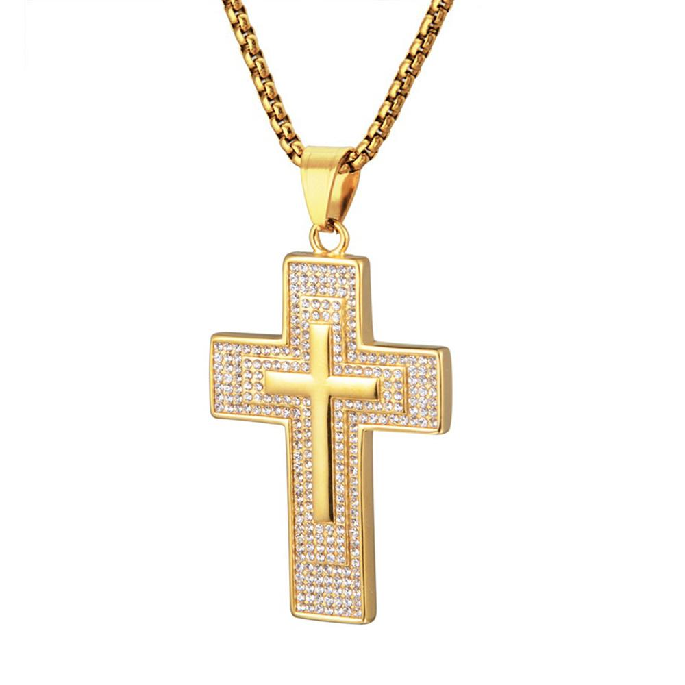 Religious Fashion Iced Out Bling Jesus Cross Pendant Male Gold Color Stainless Steel Christian Big Necklace for Men Jewelry Gift