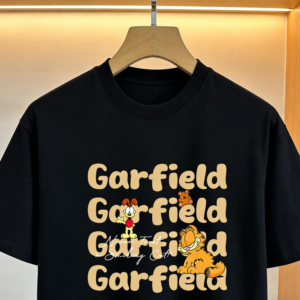 Garfield И футболка с повторяющимися буквами и Оди! Американский ретро, веселый принт, свободная короткая футболка, унисекс, оверсайз, парная футболка