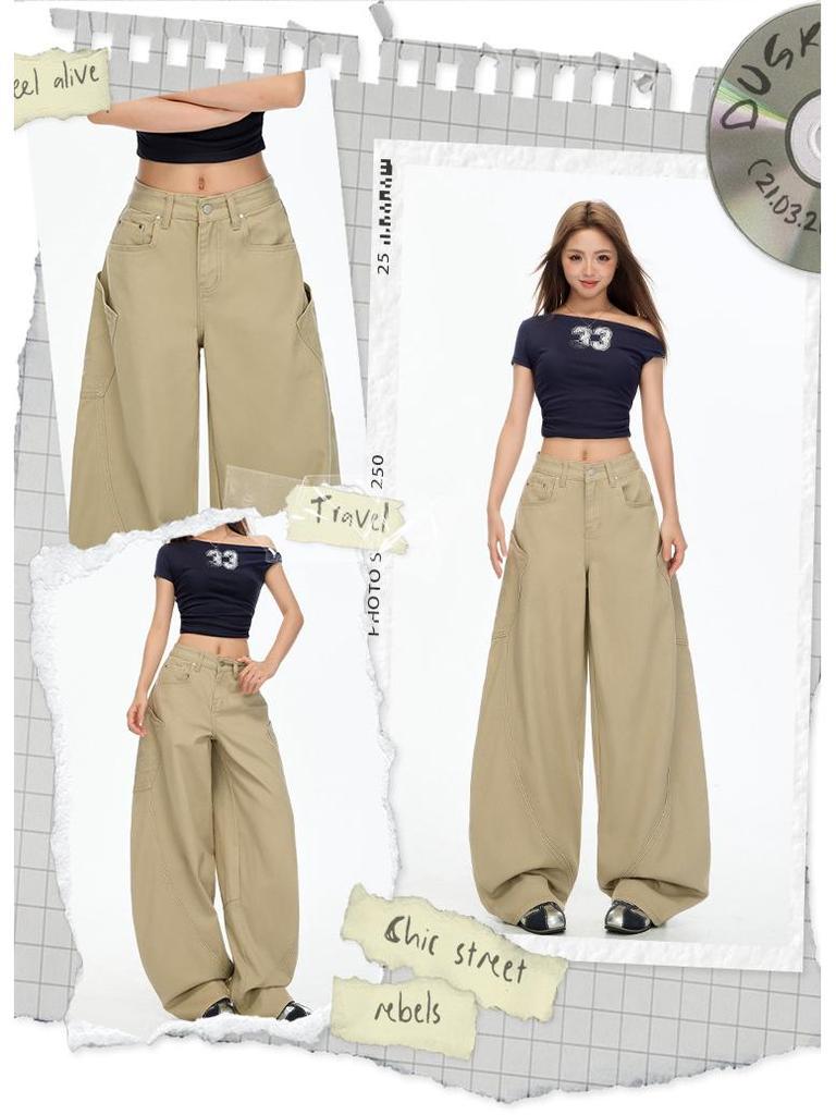 Autumn Khaki Scimitar High-Street Drapey Wide-Leg Jeans for Women