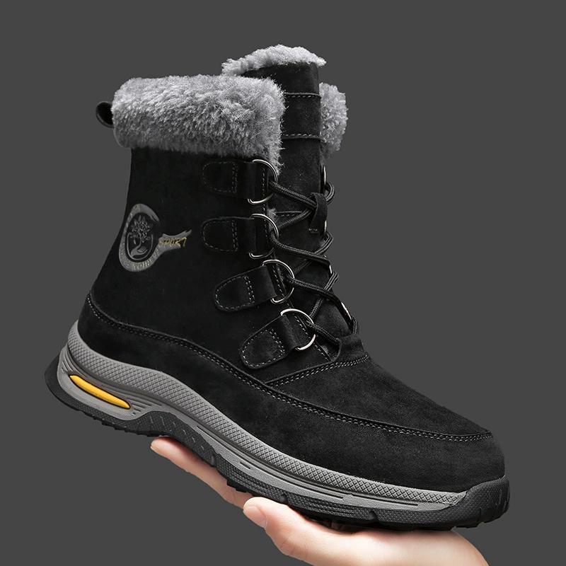 Real Leather Men's Snow Boots with Fleece for Winter Insulation and Warmth, Thick Soled Outdoor Men's Shoes, High Top Boots, Cotton Shoes