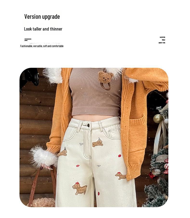 Модные женские джинсы с высокой талией и вышивкой из бархата с широкими штанинами для зимы 2025 года