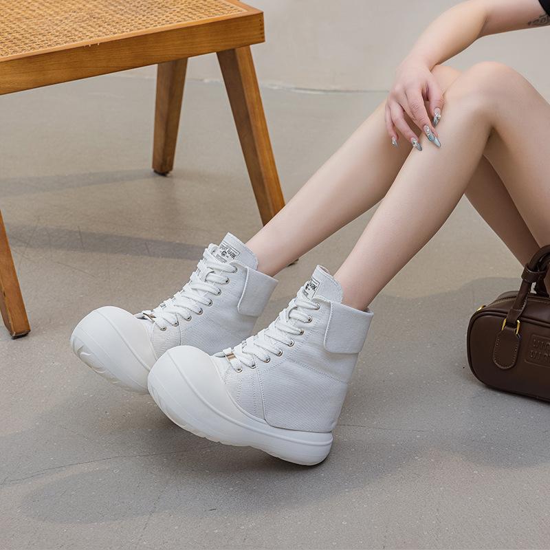 New Type of Inner Height-increasing Women's Shoes 2025 Spring and Autumn New Canvas Shoes Women's Height-increasing 13 Cm Lace-up Fashion Casual Shoes