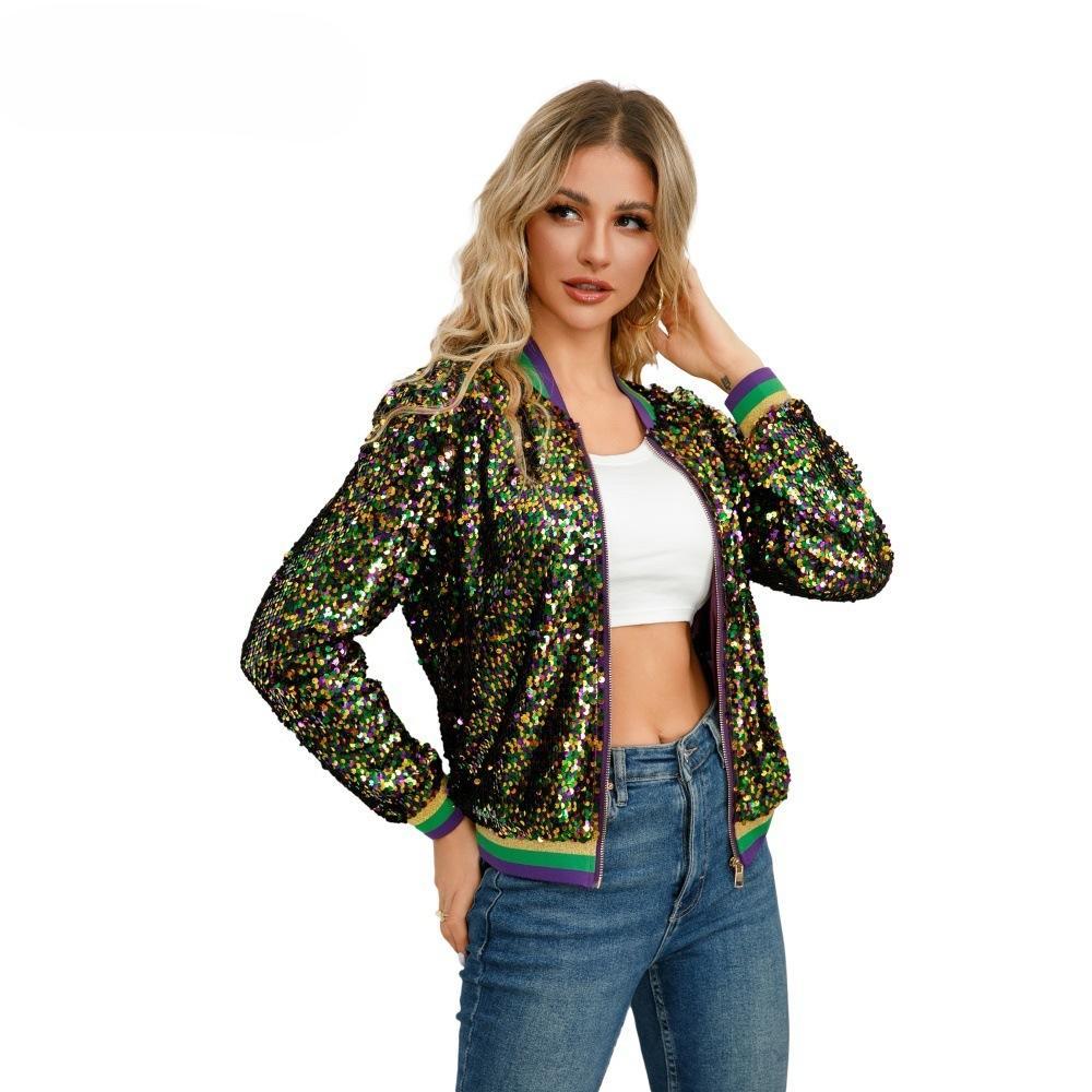 Colour Blocking Sequins Fashion Spring and Autumn Women's Short Baseball Jacket
