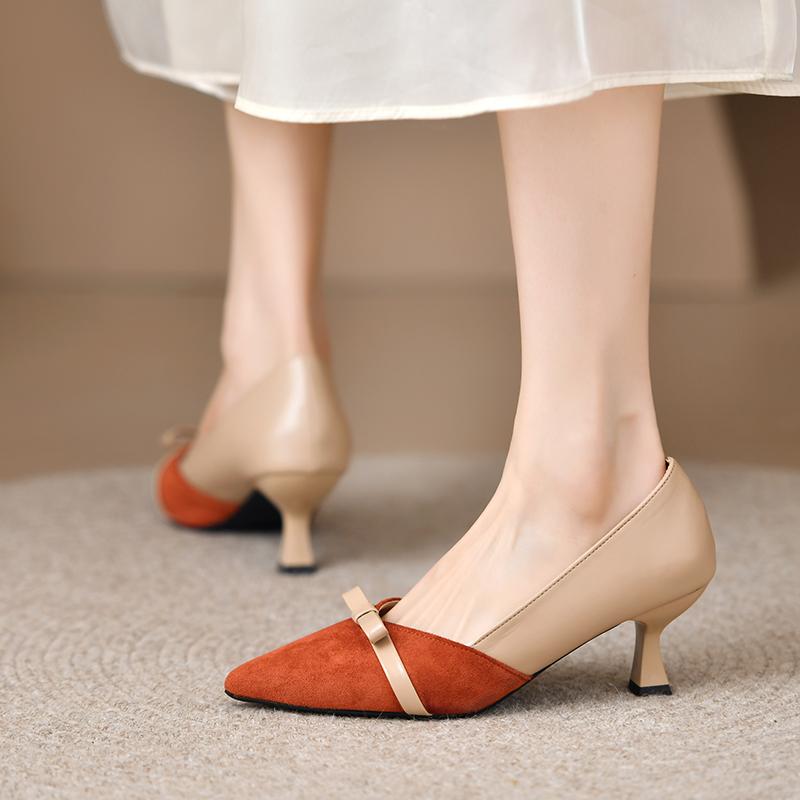 Мода 2024 Весна Новые Элегантные Темпераментные Цветовые Сочетания Бантом Женские Туфли Средний Каблук Острый Носок Неглубокий Вырез Одиночные Туфли Женские