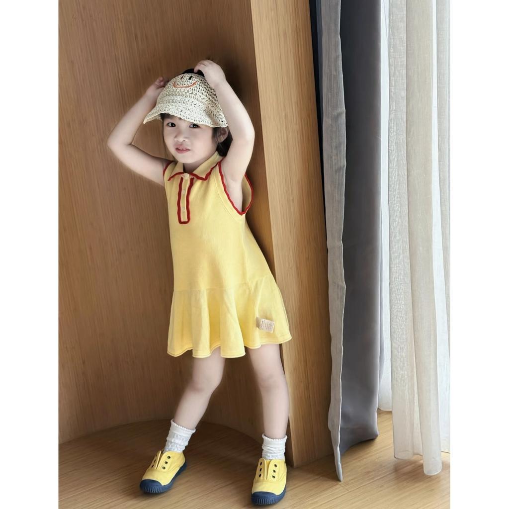 Baby Girls Summer Polo Dress, Yellow Red Contrast Trim Polo Collar Sleeveless Half Button Ruffle Hem Kids Casual Dress