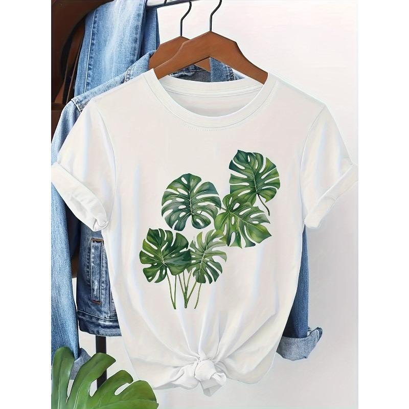 Women's White Monstera Leaf Print T-Shirt Crew Neck Short Sleeve Soft Lightweight Breathable Relaxed Fit Casual Top