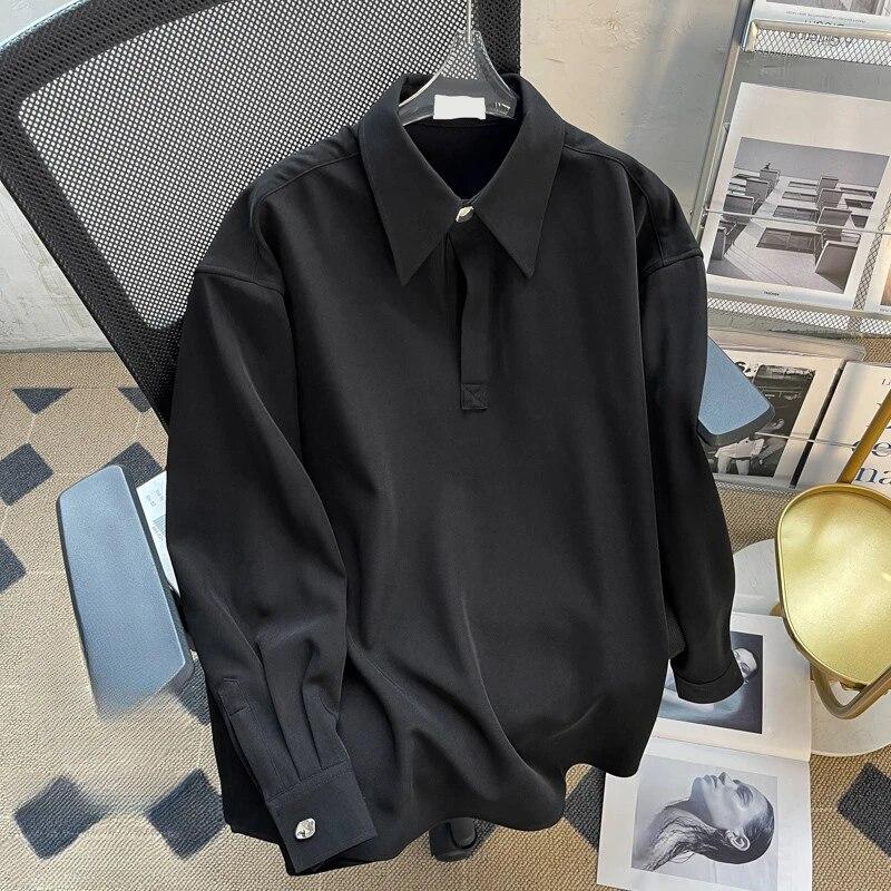 Мужская рубашка в стиле преппи, свободный мужской свитер с лацканами, универсальная однотонная блузка с длинными рукавами, осень-зима
