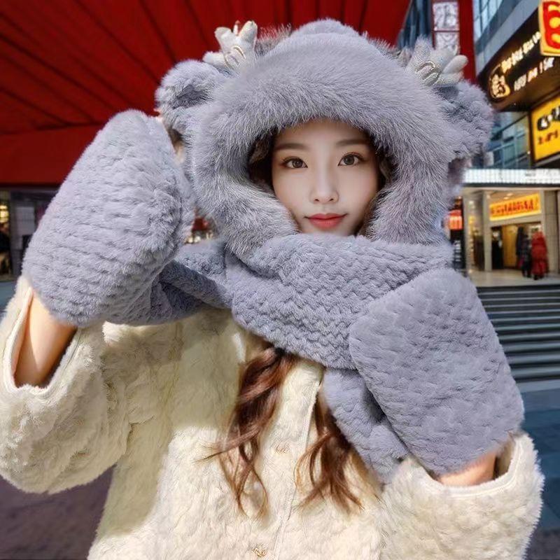 Зимняя милая шапка Dragon Ball для женщин, утолщенные перчатки, шарф, интегрированный шарф, капюшон, плюшевый, универсальный, теплый набор из трех предметов