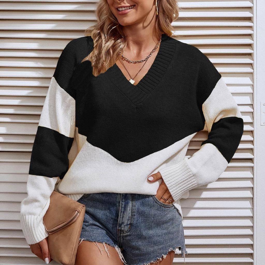 Women's Casual Fashion 2022 Long Sleeved Knitting Contrast Color Sweater Top