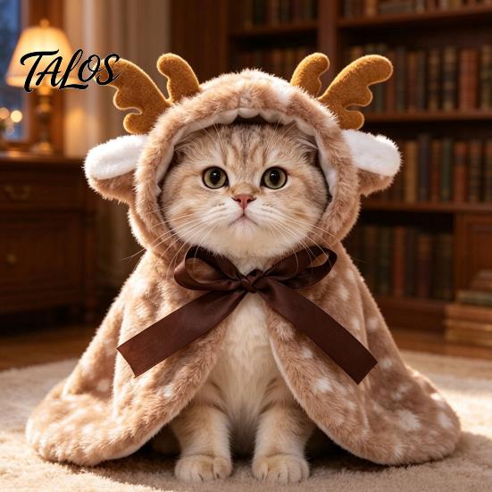 Cozy Pet Cape Christmas Deer Cat Cape, Fuzzy Spotted Puppy Cloak with Antlers, Plush Antler for Dogs Cute Cosplay Cats Small Winter Holiday