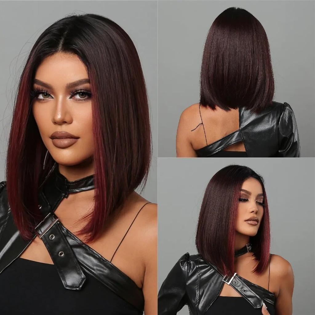 Purple Pink Ombre Black Short Straight Synthetic Wigs with Bangs Bob Wig for Women Daily Cosplay Party Heat Resistant Fake Hairs