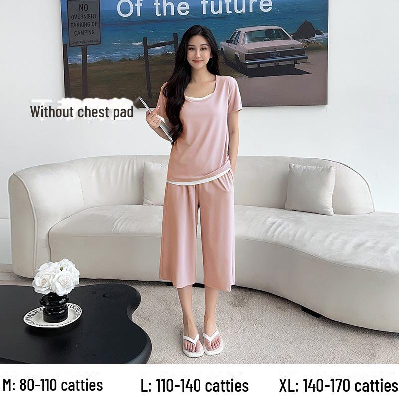 Женский летний пижамный комплект из модального хлопка с короткими рукавами и нагрудной накладкой