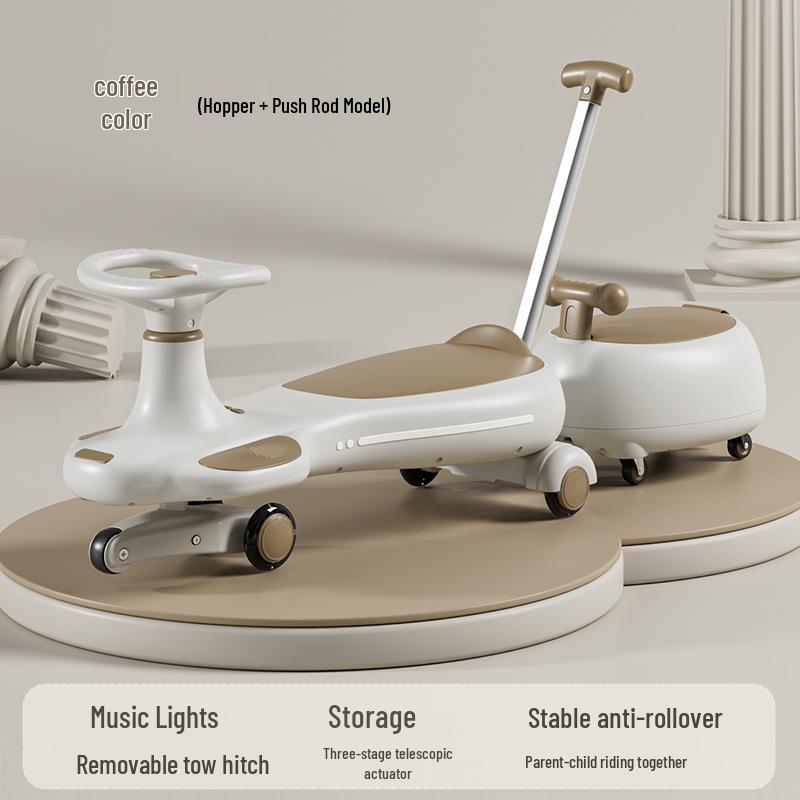 Children's Twist Car with Parent-Child Co-Riding, Suitable for Ages 1-8, Silent Wheels, Push Rod & Handle, Adult-Friendly Wiggle Car.