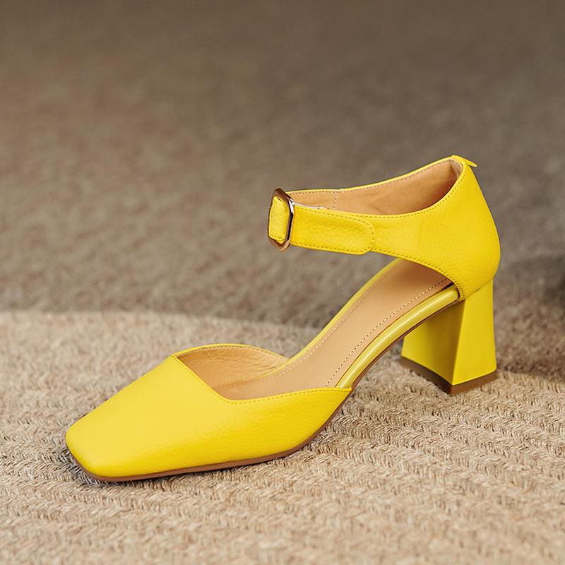 2024 Летние новые женские туфли с квадратным носком на высоком каблуке Туфли на каблуке женские из натуральной кожи женские сандалии в стиле ретро Мэри Джейн