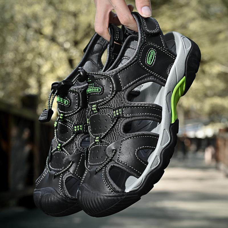 Кожаные мужские пляжные сандалии для воды, летние уличные повседневные спортивные сандалии с закрытым носком, нескользящие мягкие походные забродные кроссовки