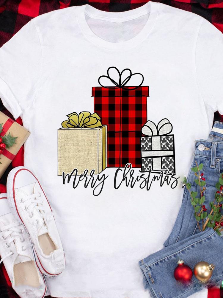 (Азиатский размер) Топ Футболка фестиваль Счастливого Рождества Новый год Праздник Повседневный любовь сердце клетка Женский Принт Леди Короткий рукав Мода Графические футболки