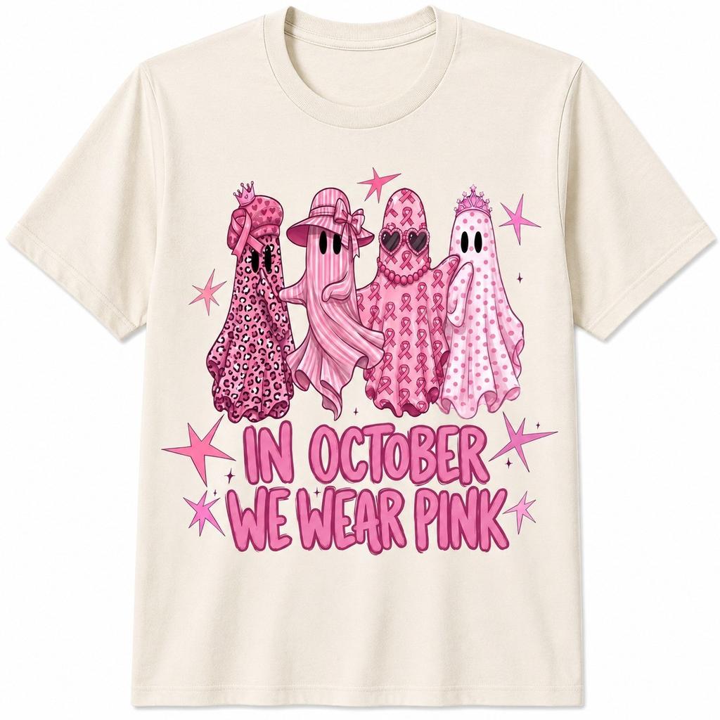 In October We Wear Pink Ghost Breast Cancer Awareness Halloween T-Shirt