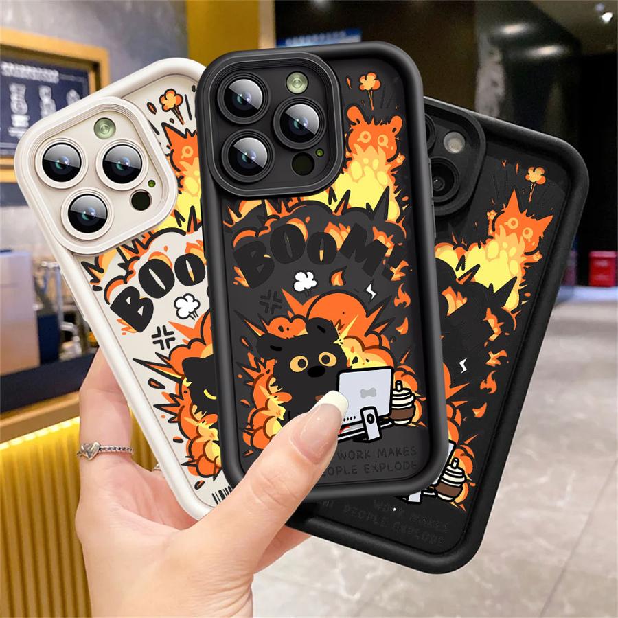 Чехол для Apple iPhone 11 15 Pro Max 14 Plus 13 12 16 Ударопрочный Силиконовый Funda Чехол для телефона Мультяшный Черный Кот Взрыв