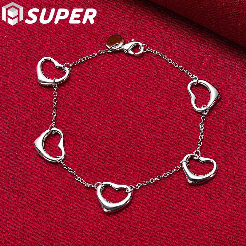 925 Sterling Silver Five Heart Chain Bracelet Jewelry