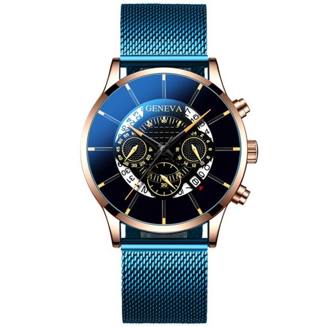Luxury Men 'S Fashion Business Calendar Watches Blue Stainless Steel Mesh Belt Analog Quartz Watch Relogio Masculino Mens Watch